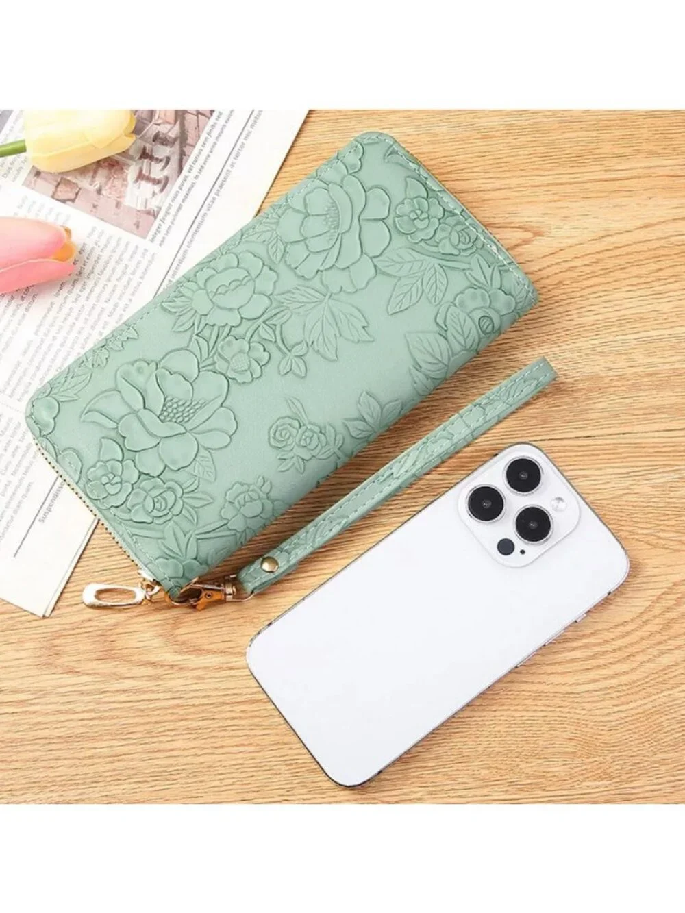 PU Leather Green Floral Embossed Wallet With Wristlet Strap Zipper Closure Multi